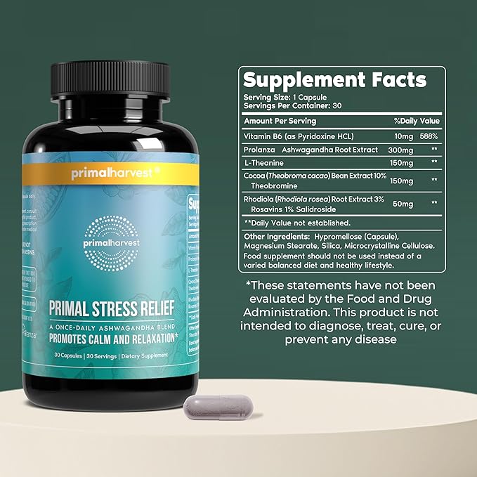 Primal Harvest Stress Relief Supplement for Women and Men Pure Ashwagandha Root Extract, L-Theanine Supplements, 60 Capsules