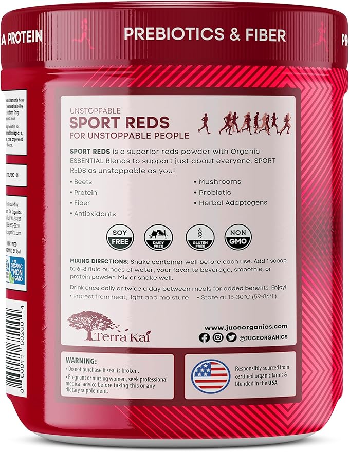Terra Kai Organics Juce SR7 Sport Reds Organic Fruit & Veggies w/Pea Protein | 43 Superfoods, Antioxidants, Mushrooms, Beets, Herbal Adaptogens, Probiotic, Fiber, Garden Berry Flavor (30 Servings)