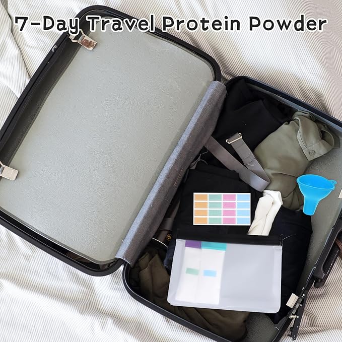 Protein Powder Travel Container Set, Travel Protein Powder Containers to Go Supplement Reusable Portable with Funnel Spoon Label, 28pcs Single Dose Bags and 4pcs Large Zip Bags Supplement Storage