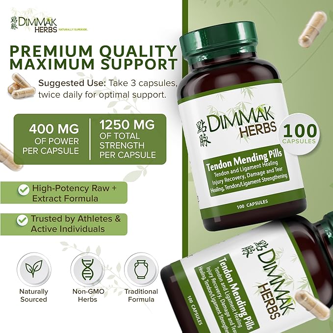 Dimmak Herbs Tendon Mending Pills- Tendon & Ligament Support- Advanced Mobility Formula for Stiffness, Rotator Cuff & Achilles Recovery- Daily Soft Tissue & Injury Repair- Vegan TCM Formula