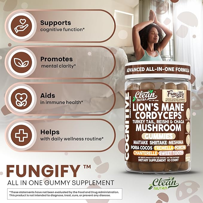 Clean Nutra Lions Mane Mushroom Gummies Cordyceps Supplement for Memory and Focus Immune Support Vitamins Reishi Chaga Turkey Tail Mushrooms Gummy Shiitake Maitake Meshima Supplements
