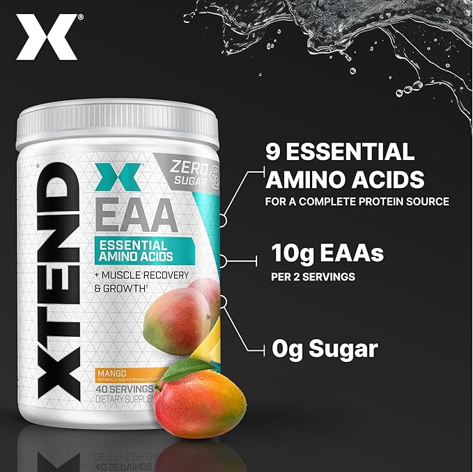 Xtend Scivation EAA + BCAA Powder | Muscle Recovery & Lean Muscle Growth | 9 Essential Amino Acids for Intra Workout or Post Workout Recovery | 10g EAAs Per 2 Servings | Mango 40 Servings