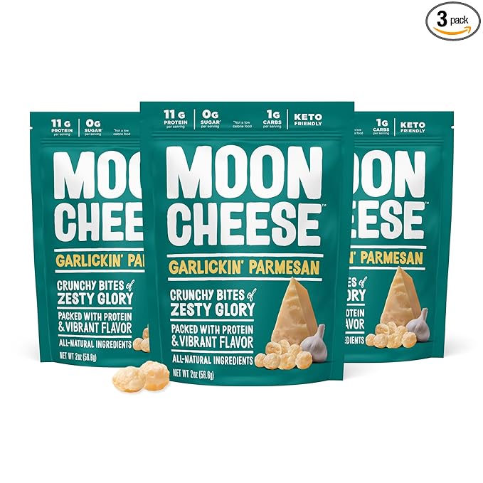 Moon Cheese Garlickin' Parmesan Cheese Bites, 2 Ounce, 3-Pack, Crunchy, Protein Rich Cheese Snack, 100% Real Cheese