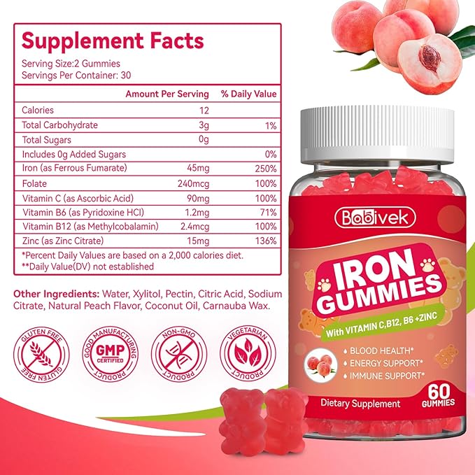 2 Pack Iron Supplement Gummies for Women & Men - Iron Gummies with Folate Vitamin C B12 B6 Zinc, Peach Flavor, Vegan 120 Gummies