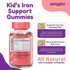 Squiggles Kids Daily Iron+ Gummies - Chewable Supplement with Iron, Multivitamin for Children, Low Sugar, Vegan, Toddler Gummies, Yummy Grape Flavor (100 Count)