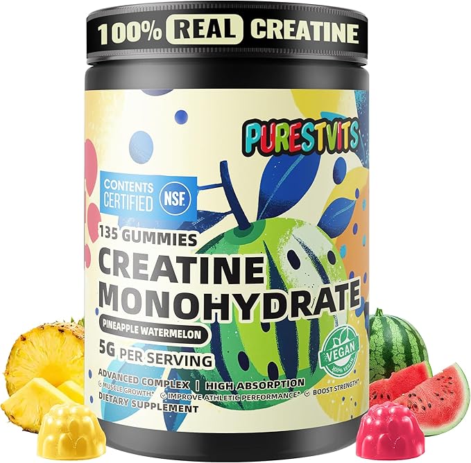 NSF Certified Creatine Gummy 5g - Creatine Monohydrate Gummies – Pre-Workout Energy & Muscle Growth Support for Men & Women | Pineapple Watermelon Electrolyte Gummies (135 Count)