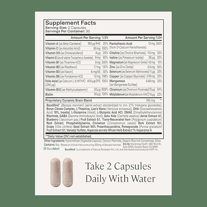 Stonehenge Health Dynamic Brain – BacoMind® Bacopa Nootropic Formula – Memory, Recall & Retention, Phosphatidylserine, Huperzine A, DHA & Choline – 40 Brain-Boosting Ingredients – Non-GMO, 60 Caps