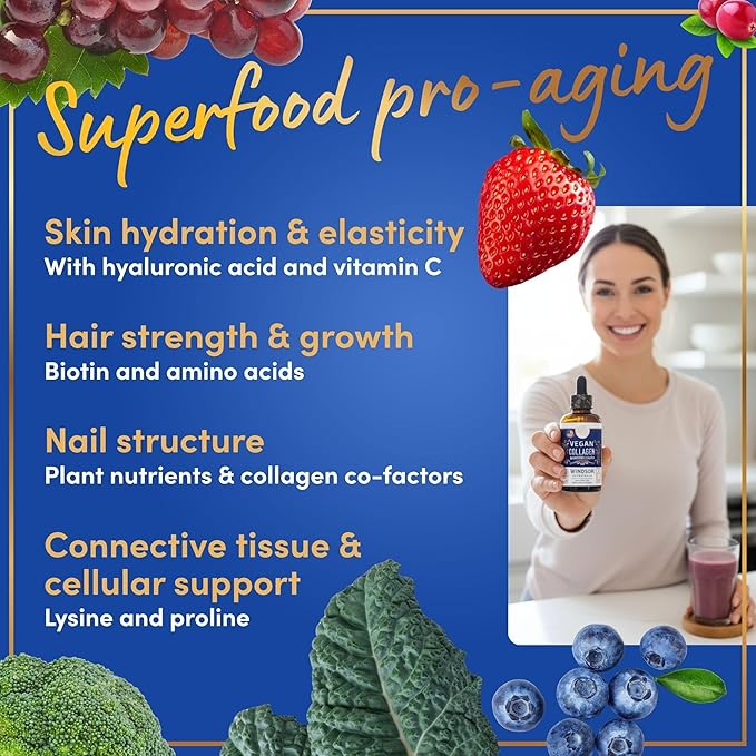 WINDSOR BOTANICALS Vegan Collagen Builder Liquid Supplement - Collagen Booster with Vitamin C, Biotin, Hyaluronic Acid & Amino Acids - Organic Fruit & Vegetable Blend - 120ml, 60 Day