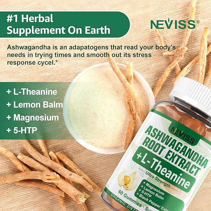 NEVISS Ashwagandha Gummies 2000mg, Feel Refreshed, Plus Proprietary Blend with 5-HTP, L-Theanine, Lemon Balm, Magnesium for Calm, Zzzs, Mood, Energy & Relaxation Support (1 Pack (60 Countss))