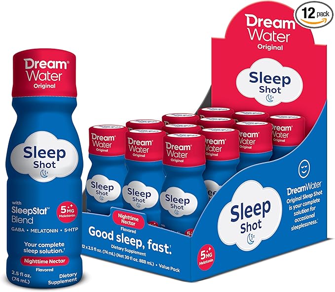 Dream Water Sleep Aid Supplement Drink; Melatonin 5mg, GABA, 5-HTP; Zero Sugar, Natural Flavors, No Added Colors, 2.5 oz Liquid Sleep Shots, Nighttime Nectar, 12-Count