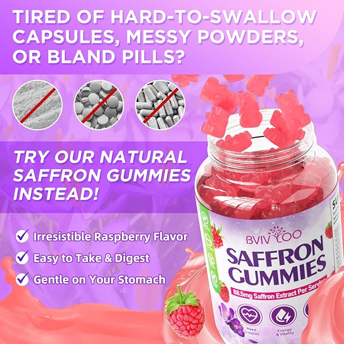 Saffron Gummies for Adult Kids, 10-IN-1 Formula with Saffron 88.5mg, Vitamins D3 & B6, Magnesium, Zinc, Ashwagandha, L-Theanine, St. John's Wort - Supports Mood & Focus, Raspberry Flavor, 60 Count