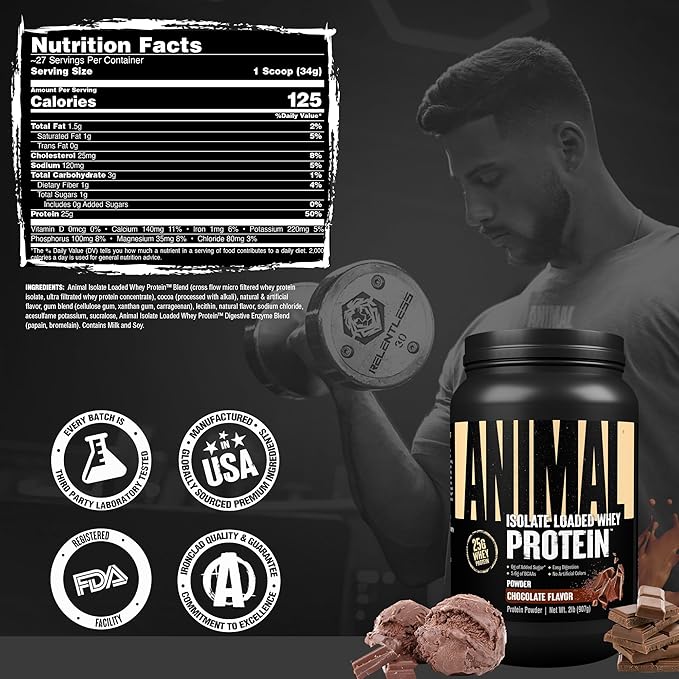 Animal Whey Isolate Protein Powder - Loaded for Pre & Post Workout Muscle Builder and Recovery with Digestive Enzymes for Men & Women - 25g Protein, Great Taste, Low Sugar - Chocolate 2 lbs