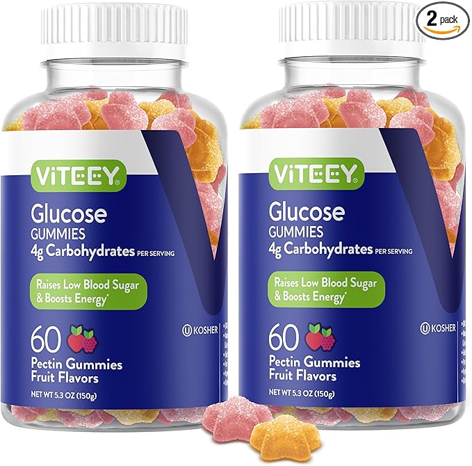 Viteey Glucose Gummies - 4g of Carbohydrates - Fast Acting Alternative to Glucose Tablets - Energy and Blood Sugar Support - Vegan, Gluten Free, Gelatin Free - 120 Count
