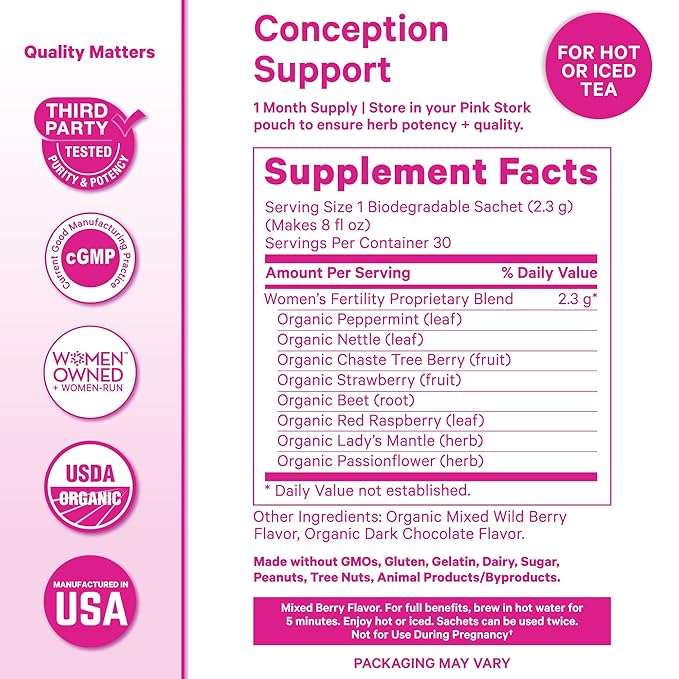 Pink Stork Organic Fertility Tea for Women | Fertility Supplements for Women with Chaste Tree Berry (Vitex) + Red Raspberry Leaf | Hormone Balance Herbal Tea for Conception Support | USDA Organic, Caffeine Free - Mixed Berry, 15 Sachets