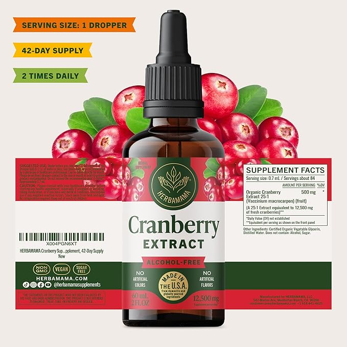 HERBAMAMA Cranberry Supplement Drops - Vegan Urinary Tract Support for Men and Women with Cranberry Extract - Non-GMO, Alcohol & Sugar-Free Kidney Support Supplement, 42-Day Supply
