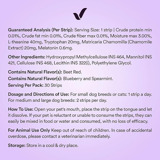 Pet Calming Oral Strips for Dogs and Cats – 60 Strips, Fast-Acting Anxiety Support Supplement with Melatonin and L-Theanine, Natural Support for Travel, Thunder, Grooming – Blueberry Mint