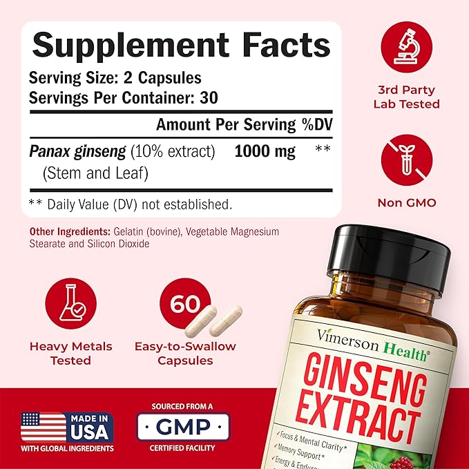 Panax Ginseng Supplement 1000mg – Korean Red Ginseng Extract for Men & Women – Energy, Focus & Stamina Support – Standardized Full-Spectrum Adaptogenic Formula for Mental Clarity, Performance & Memory