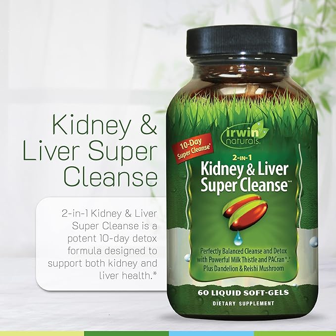 Irwin Naturals 2-in-1 Kidney & Liver Super Cleanse (10-Day) - Balanced Liver Detox & Kidney Cleanse - Milk Thistle Dandelion Root & Reishi Mushroom - Whole-Body Detox Formula - 60 Liquid Soft-Gels