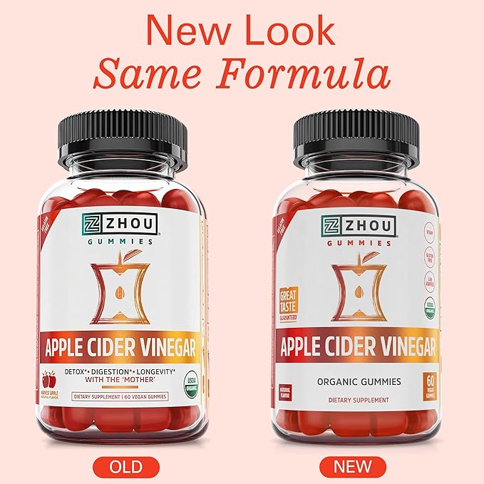 Zhou Apple Cider Vinegar Gummies - ACV Gummies for Women and Men with Elderberry, Delicious Taste with Raw Cane Sugar, USDA Organic - 60 Vegan Gummies