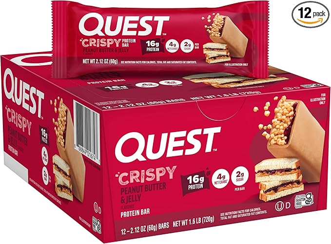 Quest Nutrition Crispy Peanut Butter & Jelly 16g Protein Bar, 2g Sugar, 4g Net Carbs, Gluten Free Snack, Keto Friendly, 12 Count