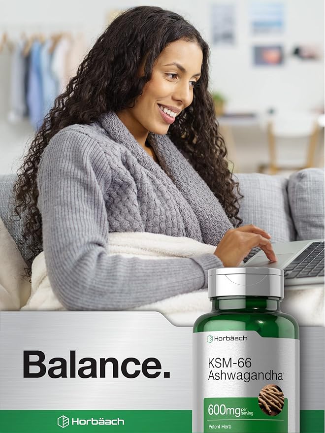 Horbäach KSM-66 Ashwagandha | with L-Theanine | 60 Coated Caplets | Vegan, Non-GMO, Gluten Free Complex Supplement