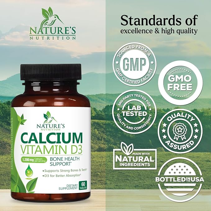 Calcium Supplement with Vitamin D3-1200 mg Calcium per Serving with D3 for Best Absorption - Supports Immune Health, Bones & Teeth - Nature's Calcium is Bottled in USA for Women & Men - 60 Tablets