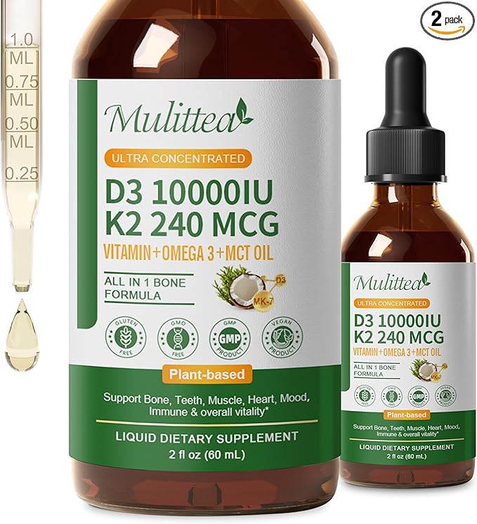 2 Pack Organic Vitamin D3 K2 Liquid 10000 IU w/ Vegan Omega-3 & Coconut MCT Oil - Maximum Strength Vitamin D Supplement, No Fillers, Non-GMO K2 as MK7 for Bones, Muscles & High Absorption-2 Fl Oz