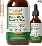 2 Pack Organic Vitamin D3 K2 Liquid 10000 IU w/ Vegan Omega-3 & Coconut MCT Oil - Maximum Strength Vitamin D Supplement, No Fillers, Non-GMO K2 as MK7 for Bones, Muscles & High Absorption-2 Fl Oz
