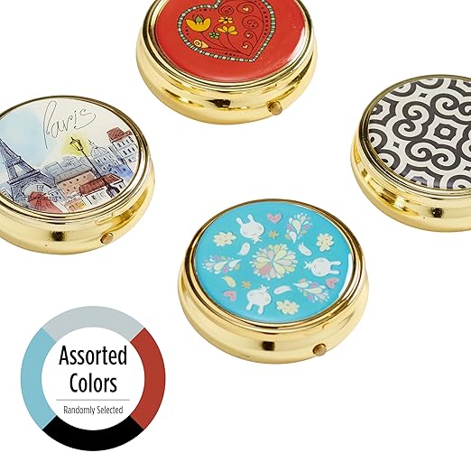 EZY DOSE Fashion Daily Round, Portable On-The-Go Pocket Pharmacy, Pill Box, Organizer and Vitamin Containers, Snap Shut Lids, Perfect For Traveling, Color May Vary, BPA Free