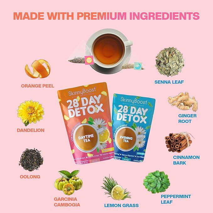 Skinny Boost Detox Tea Kit-Slimming Tea for Weight, Metabolism, Energy, Bloating & Colon Cleanse – Green Tea, Herbal, Vegan, Keto, Non-GMO, Sugar-Free-2 PACK –1 Daytime (28 Bags) + 1 Evening -(14 Bags)