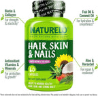 NATURELO Hair, Skin and Nails Vitamins - 5000 mcg Biotin, Collagen, Natural Vitamin E - Supplement for Healthy Skin, Hair Growth for Women and Men – 60 Capsules