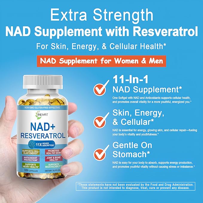 11-in-1 NAD Supplement with Resveratrol, CoQ10, Quercetin, Collagen, Grape Seed for Cellular Energy, Mental Focus & Antioxidant Support - NAD Supplement for Women & Men, 120 Soft Capsules