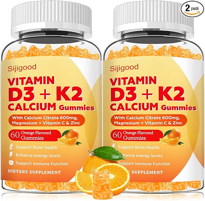 Vitamin D3 K2 Gummies for Women & Men, 6-in-1 Vitamin D Supplements with Magnesium, Zinc and Calcium for Bone, Immune & Energy Support, Sugar Free, Orange Flavor, 120 Count