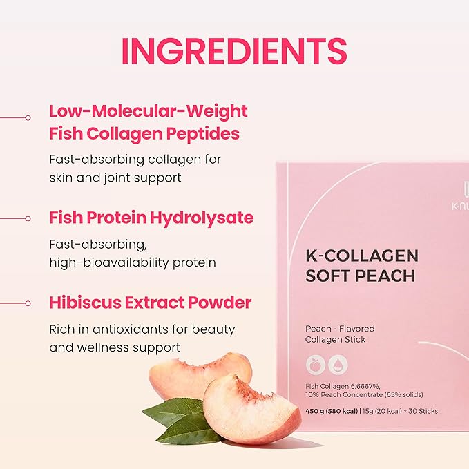 K-Nutra K-Collagen Soft Peach (15.9oz, 30 Sticks) - Holiday Gifts - Skin, Hair, Nail Health, Tasty Jelly, Fast Absorption. Low-Molecular Marine Collagen, Vitamin C