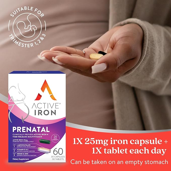 Active Iron Supplement 25mg + Prenatal Multivitamin, Clinically Proven to Increase Iron & Reduce Tiredness, Maximum Absorption, Gentle, Non-Constipating, 30 Capsules + 30 Time Release Tablets