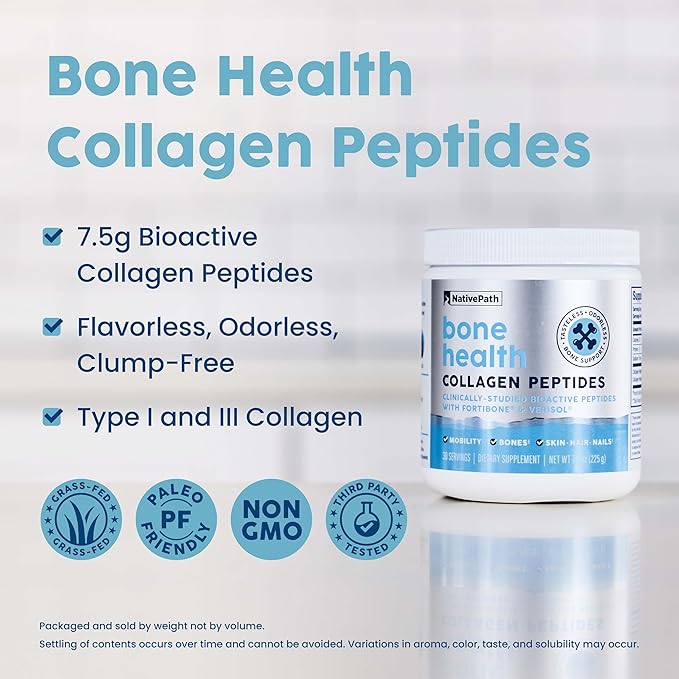 NativePath Bone Health Collagen Peptides, Type 1 & 3, with Fortibone and Verisol, 7.9 Ounce, 30 Servings (Pack of 2)