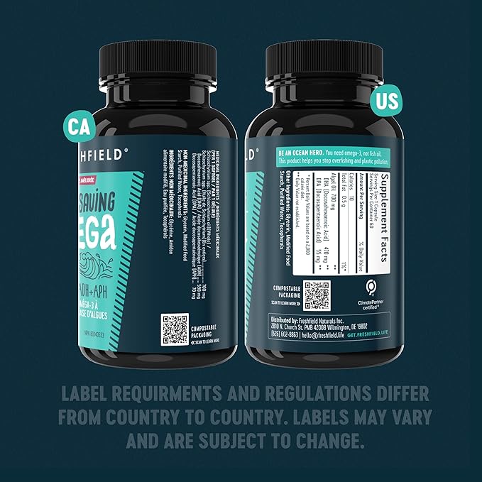 Freshfield Omega 3, DHA Supplements, Algae Oil, Vegan Omega, Ocean Saving Fish Oil Replacement, Sustainably Sourced, Highest Levels of DHA per Capsule, w/DPA