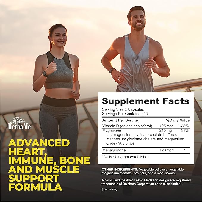 HerbaMe Vitamin D3 5000 IU + K2 with Magnesium Bisglycinate for Max Absorption | 90 Capsules | Immune Support | Promotes Heart, Bone and Muscle Health