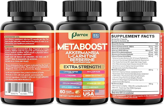 GLP-1 Booster Supplement, Akkermansia, L-Carnitine, Berberine (GlucoVantage), Methylfolate, Methylated B12, Chromium, Capsimax, Psyllium Husk, Probiotics Vitamins D3, B6, 20-in-1 Plant-Based (60 Caps)