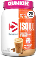 Dymatize x Dunkin' Cappuccino ISO100 Whey Protein Powder, 95mg Caffeine, 25g of Protein5.5g BCAAs, 120 Cal., Gluten Free, 1g Fat, 1g Sugar, 2g Carb (20 Servings)