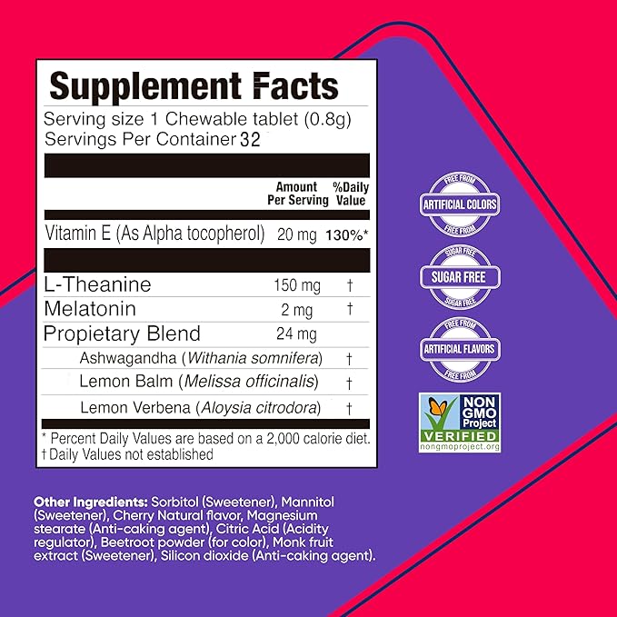 Supplement Natural Sleep Aid with Melatonin, Ashwagandha, Lemon Balm & L-Theanine – Drug-Free Sleep Support – Restful Sleep, Back to Sleep – Cherry Flavor – 32 Chewable Tablets