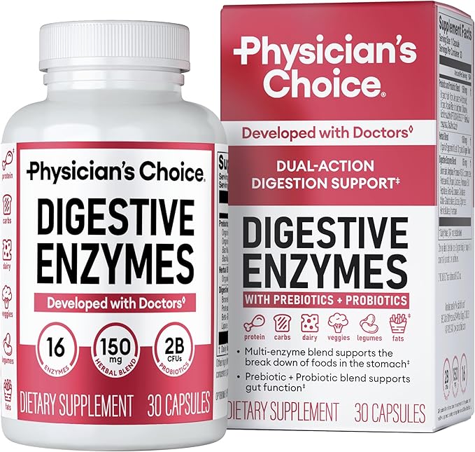 Physician's CHOICE Digestive Enzymes - Multi Enzymes, Bromelain, Organic Prebiotics & Probiotics for Digestive Health & Gut Health - Bloating & Meal Time Discomfort - Dual Action - All Diets - 30 CT