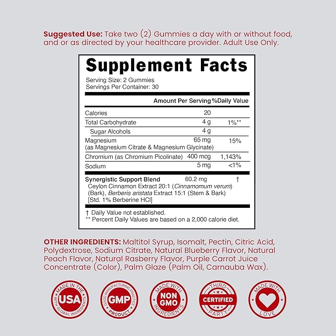 Berberine Gummies with Ceylon Cinnamon (1,200mg) Premium Sugar-Free Berberine Ceylon Cinnamon Supplement for Adults - Third-Party Tested, Non-GMO & Made in USA - 60 Count Chewable Gummies
