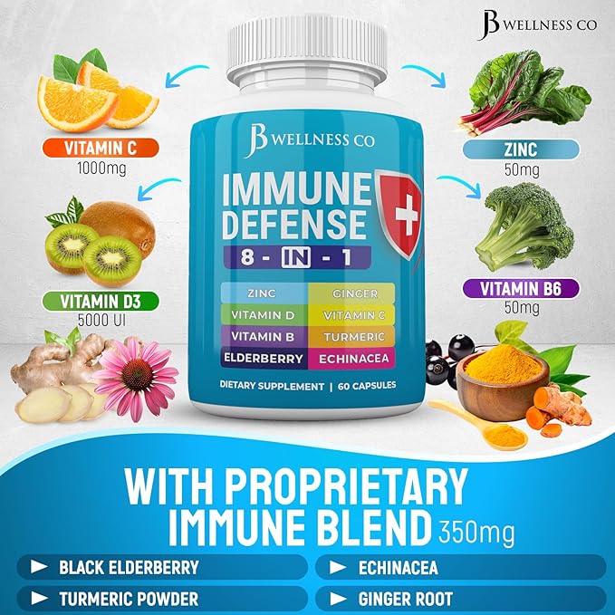 Immune Support 8 in 1 Capsules - Zinc Supplement, Vitamin D3, Vitamin C and Elderberry - Immune Booster with Echinacea, Ginger Root, and Turmeric - [2-Pack]