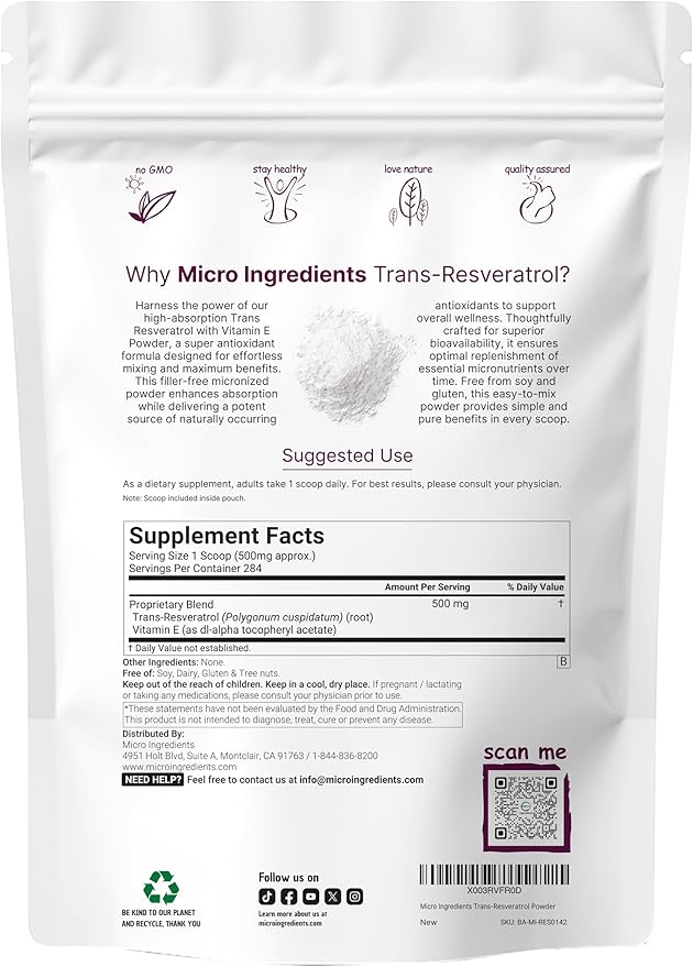 Pure Trans-Resveratrol Powder with Vitamin E, 5 Ounce, 2 in 1 Formula, Micronized Powder for Better Absorption, Premium Resveratrol Supplement, Super Antioxidant