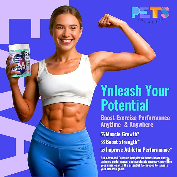 Pets Purest EAA Gummies 120 Gummies (Blueberry),Essential Amino Acids - All 9 Essential Aminos (EAA) and All Branched-Chain Aminos (BCAAs), Non-GMO, Gluten Free, Vegetarian Friendly