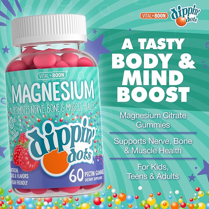Dippin' Dots Magnesium Gummies for Women, Men & Kids – Razzle Raspberry – Magnesium Citrate Gummies with No Artificial Colors or Flavors – Vegan Friendly Calm Nerve Bone & Muscle Supplement (60 Count)