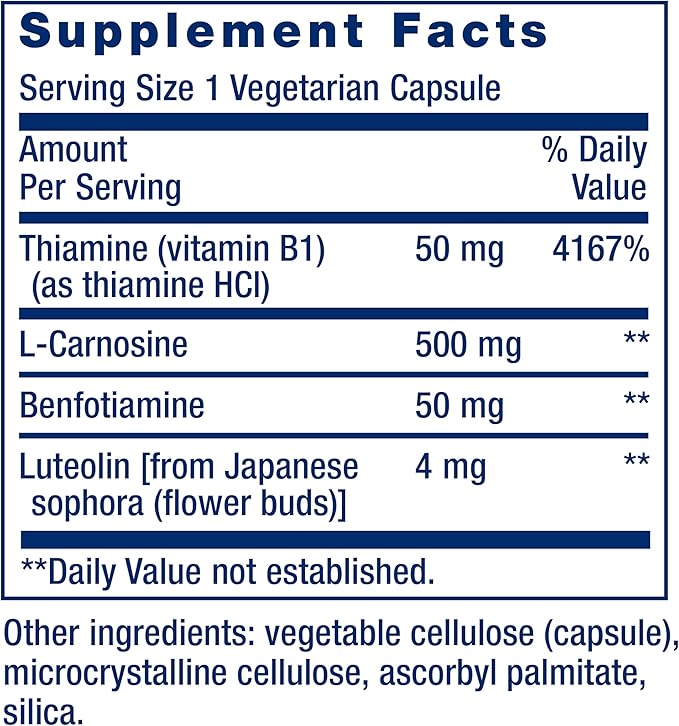 Life Extension Super Carnosine, L-carnosine, Luteolin, Vitamin B1, Muscle Support, Exercise Recovery, Heart Health, Gluten-Free, Non-GMO, Vegetarian, 60 Capsules
