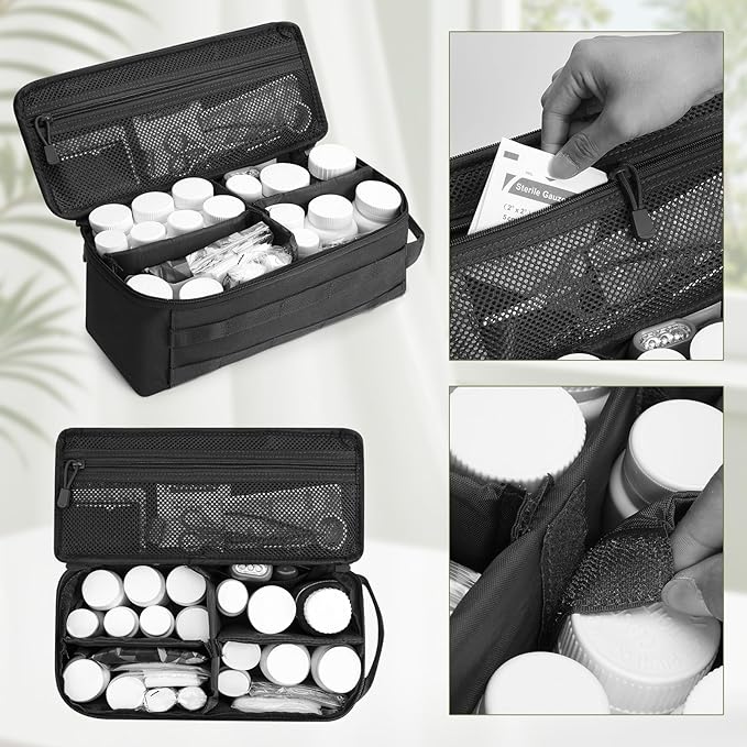 First Aid Bag Empty Pill Box Organizer,Tactical Medical Bag Case,Portable EDC Travel Medicine Pill Bottle Organizer (Black)
