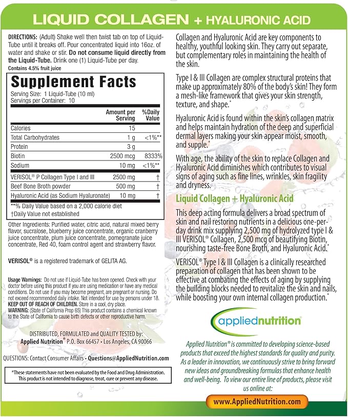 Applied Nutrition Liquid Collagen + Hyaluronic Acid - 10 Liquid Tubes - Skin & Nail Restoration - Mixed Berry Flavor - 10 Servings